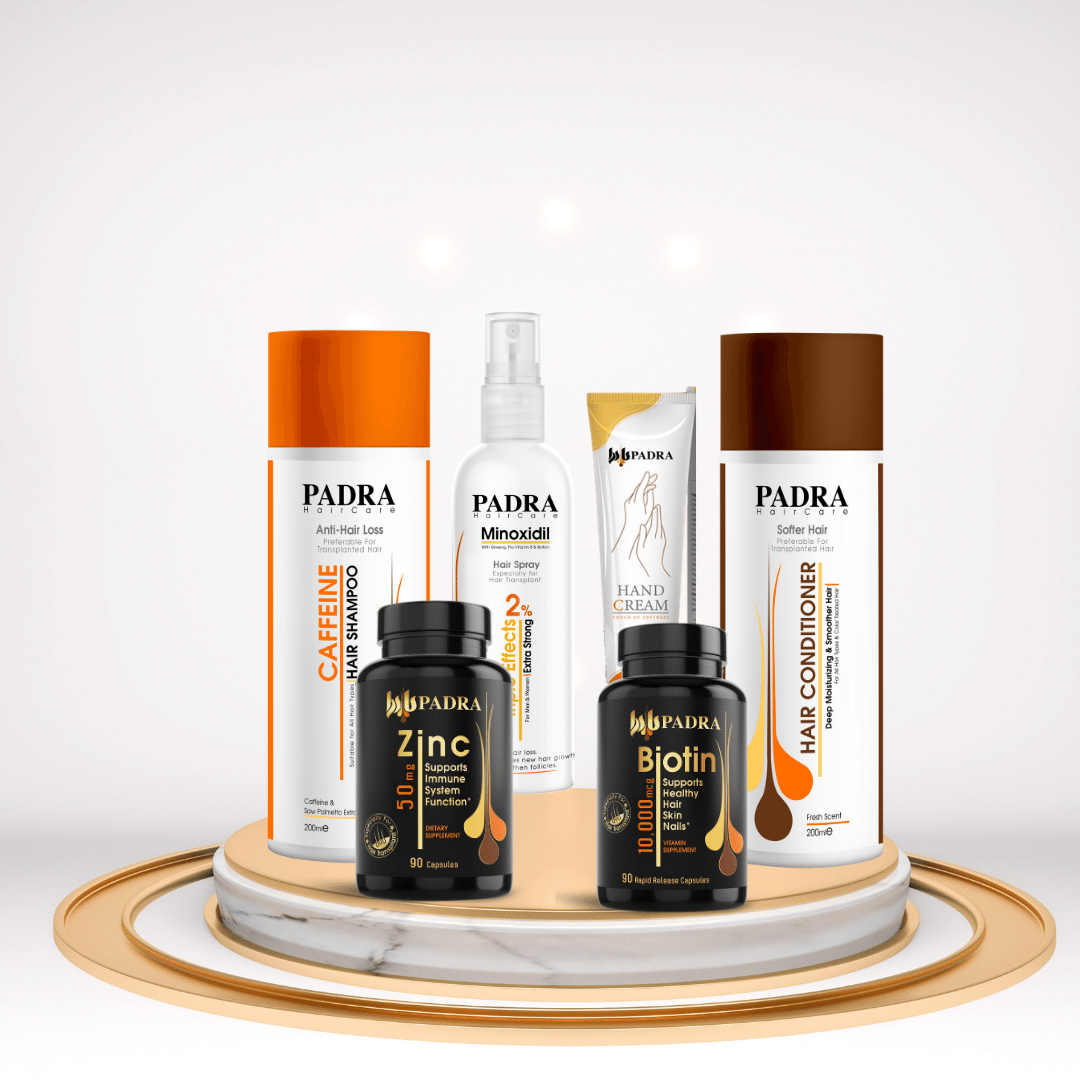 شامبو كافيين + بلسم + بخاخ مينوكسيديل 5%+ مكمل بيوتين + مكمل زنك + كريم لليدين