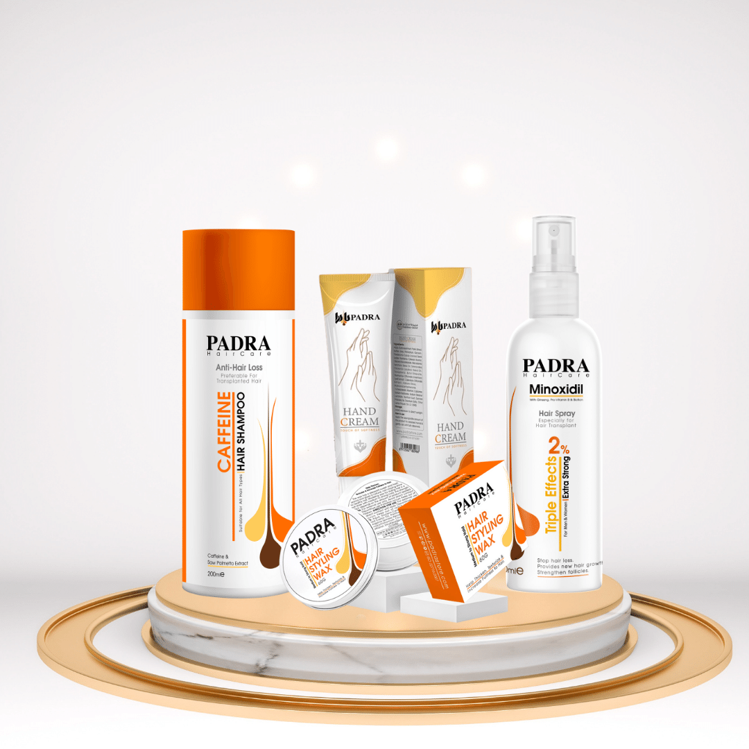 شامبو كافيين + بخاخ مينوكسيديل 5% + واكس للشعر + كريم لليدين